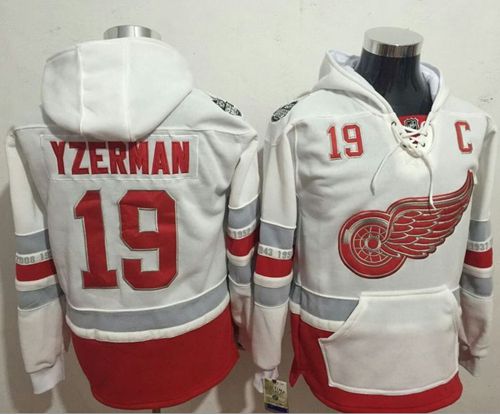 Red Wings #19 Steve Yzerman White Name & Number Pullover NHL Hoodie - Click Image to Close